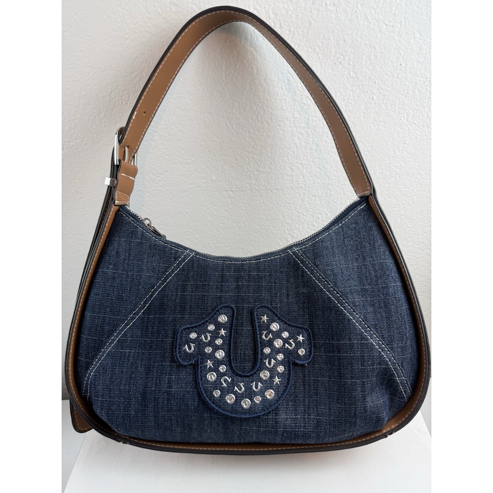 True Religion-Dark Denim Signature Logo With Studded/Crystal Accents, Hobo Bag